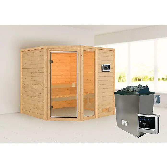 Karibu Massivholzsauna Tabea - L x B x H: 196 x 196 x 187 cm, Mit 9 kW Ofen mit externer Steuerung, Ohne Dachkranz - Eine moderne Sauna mit Holzverkleidung und Glasfront, neben einem Saunaofen mit Bedienfeld, für entspannende Momente.