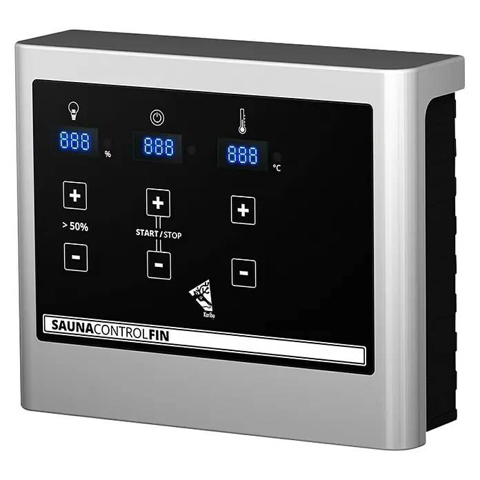 Karibu Massivholzsauna Tabea - L x B x H: 196 x 196 x 187 cm, Mit 9 kW Ofen mit externer Steuerung, Ohne Dachkranz - Nahaufnahme einer SAUNA CONTROL FIN Steuerungseinheit in Silber mit digitaler Anzeige und Bedienknöpfen.
