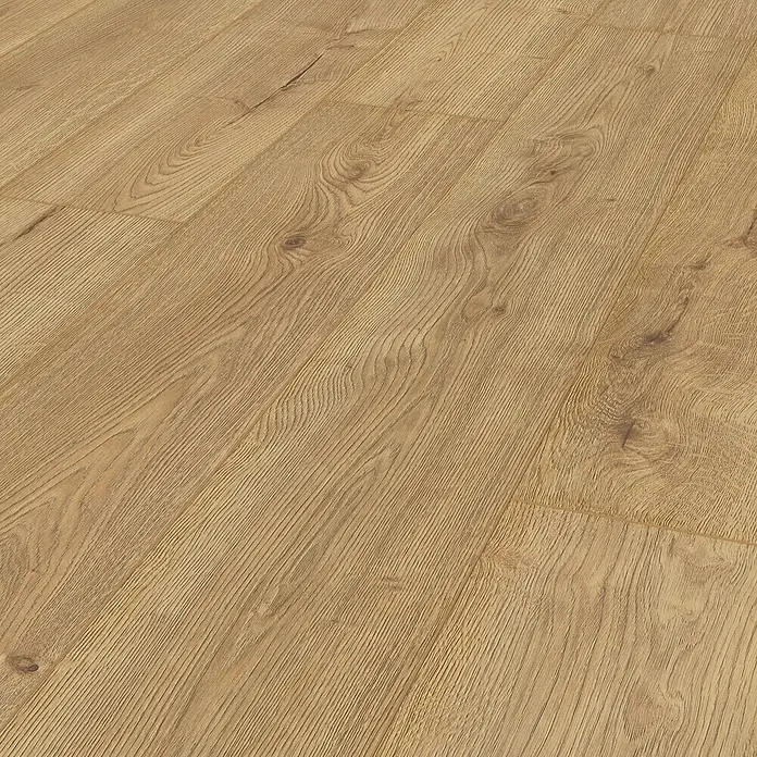 LOGOCLIC Aquaprotect Smart Silent Laminat - Pandora, Landhausdiele, 1.288 x 195 x 7 mm - Nahaufnahme von Laminatboden in warmen Brauntönen, der eine realistische Holzoptik mit feinen Maserungen und Astlöchern aufweist.