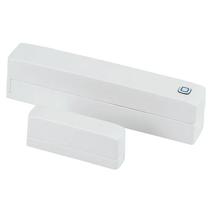 Homematic IP Starter-Set Heizen Easy Connect - 1 x Heizkörperthermostat, 1 x Fenster- und Türkontakt, 1 x Adapter Danfoss RA, 1 x Stützring, 1 x Montagematerial, 4 x Batterien, 1 x Bedienungsanleitung - Nahaufnahme des weißen Fenstersensors, ein intelligentes Gerät mit einem diskreten Design und einer blauen LED-Anzeige für Sicherheit.