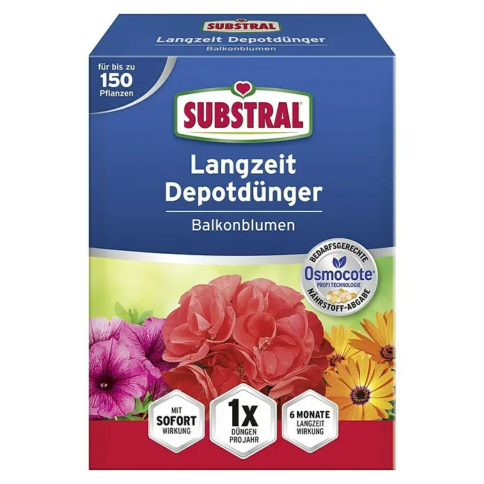 Substral Langzeitdünger Balkonblumen - 1,5 kg, Passend für: 100 Pflanzen - Produktabbildung von Substral Langzeit Depotdünger für Balkonblumen, ideal für bis zu 150 Pflanzen und mit 6 Monaten Langzeitwirkung.