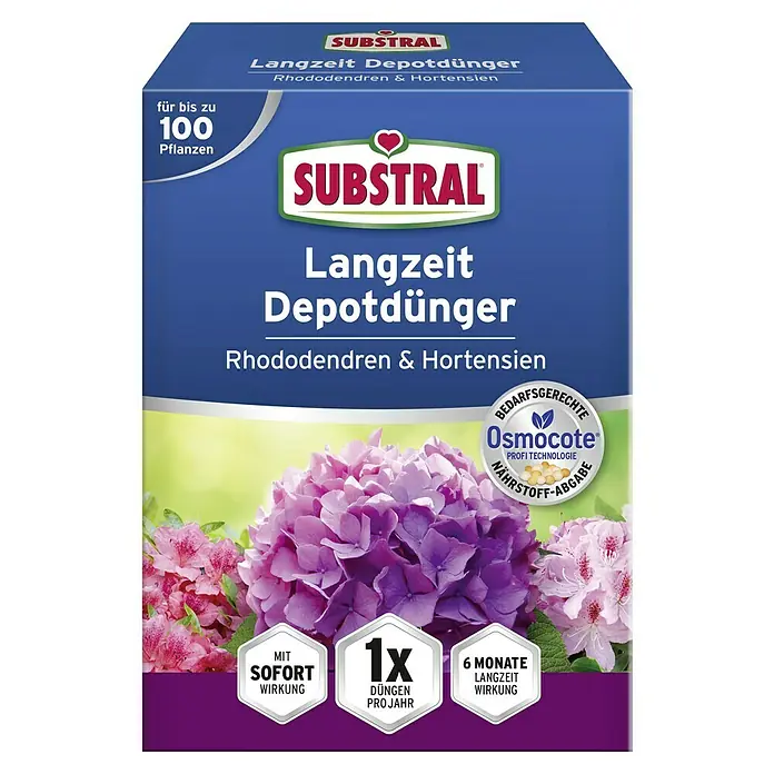 Substral Langzeitdünger Rhododendren & Hortensien1,5 kg, Passend für: 100 Pflanzen - Abbildung einer Packung Substral Langzeit Depotdünger für Rhododendren und Hortensien. Für bis zu 100 Pflanzen, mit Sofort- und Langzeitwirkung.