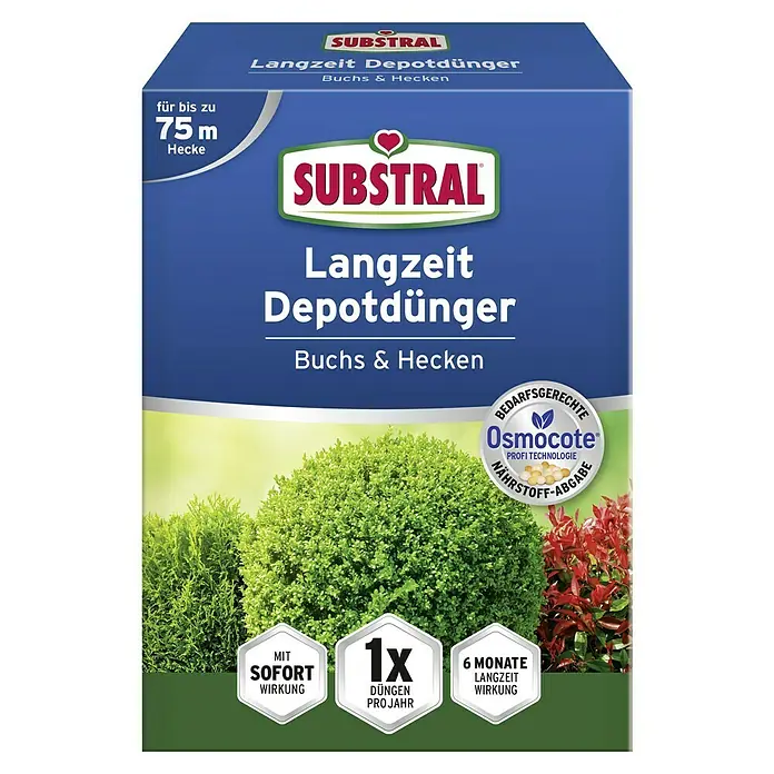 Substral Langzeitdünger Buchs & Hecken - 1,5 kg - Produktbild von Substral Langzeit Depotdünger für Buchs & Hecken, ideal für bis zu 75 m Hecke, mit Sofortwirkung und 6 Monate Langzeitwirkung.