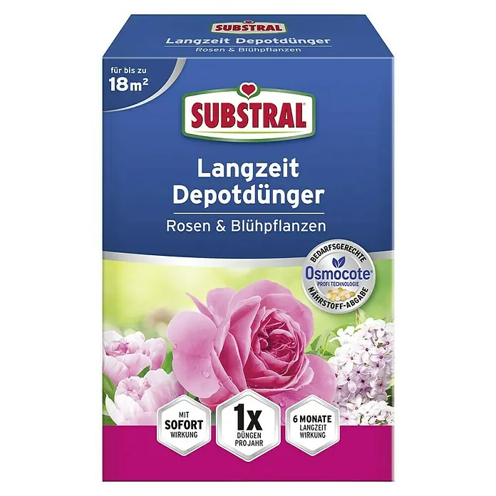 Substral Langzeitdünger Rosen & Blühpflanzen - 750 g, Max. Anwendungsfläche: 18 m² - Produktverpackung Substral Langzeit Depotdünger für Rosen und Blühpflanzen, ideal für bis zu 18m² Fläche.