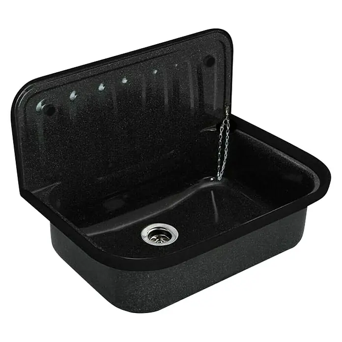 Stahl-Ausgussbecken - Emailliert, B x L: 49,7 x 33 cm, Granitoptik - Schwarzes Wandwaschbecken mit Spritzschutz und Ablaufgarnitur, ideal für Werkstätten oder Garagen. Praktisch und robust.