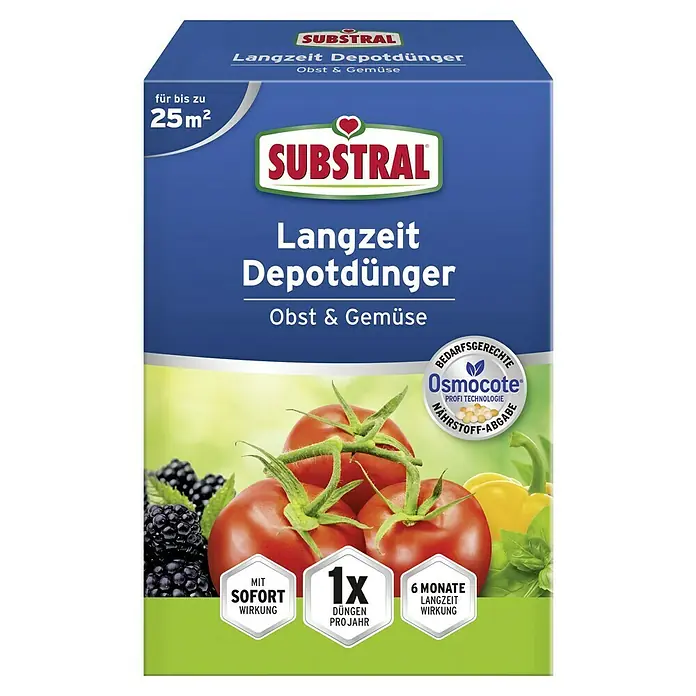 Substral Osmocote Langzeitdünger Obst & Gemüse - 750 g, Max. Anwendungsfläche: 25 m² - Produktbild von Substral Langzeit Depotdünger Obst & Gemüse, einem Langzeitdünger für bis zu 25m² mit Sofortwirkung und 6 Monate Langzeitwirkung.