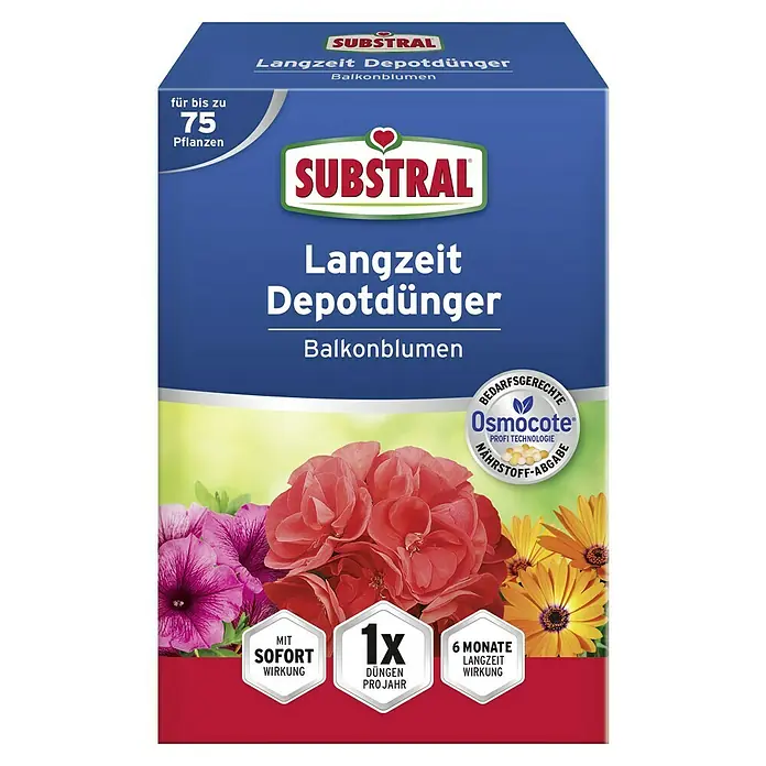 Substral Langzeitdünger Balkonblumen - 750 g - Bild einer Packung Substral Langzeit Depotdünger für Balkonblumen, ein Langzeitdünger für bis zu 75 Pflanzen mit Sofortwirkung.