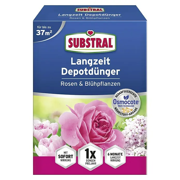 Substral Langzeitdünger Rosen & Blühpflanzen1,5 kg, Max. Anwendungsfläche: 35 m² - Substral Langzeit Depotdünger für Rosen & Blühpflanzen, verspricht bis zu 6 Monate Langzeitwirkung und sofortige Wirkung, ideal für 37m².