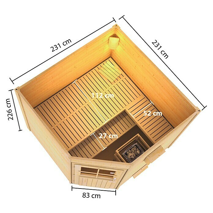 Karibu Saunahaus HildaOhne Ofen, 231 x 231 x 226 cm, Natur Sketch