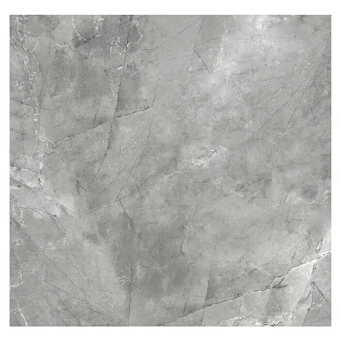 Feinsteinzeugfliese Pulpis - 100 x 100 cm, Grau, Matt - Texturierte graue Steinoberfläche mit auffälliger weißer und dunkler Äderung.