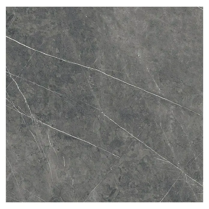 Feinsteinzeugfliese Ciana Mist - 120 x 120 cm, Anthrazit, Glänzend - Dunkelgraue Fliese mit weißen Marmorierungen, ideal für moderne Innenräume, die Eleganz und Beständigkeit suchen.