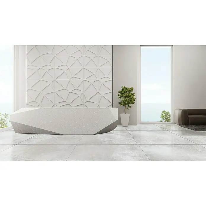 Feinsteinzeugfliese Luna Bianco - 60 x 60 cm, Weiß/Grau, Schimmernd - Modernes Bürointerieur mit auffälliger, terrazzo-ähnlicher Empfangstheke, die den Raum elegant definiert. Das Design harmoniert mit der texturierten Wand und dem minimalistischen Stil.