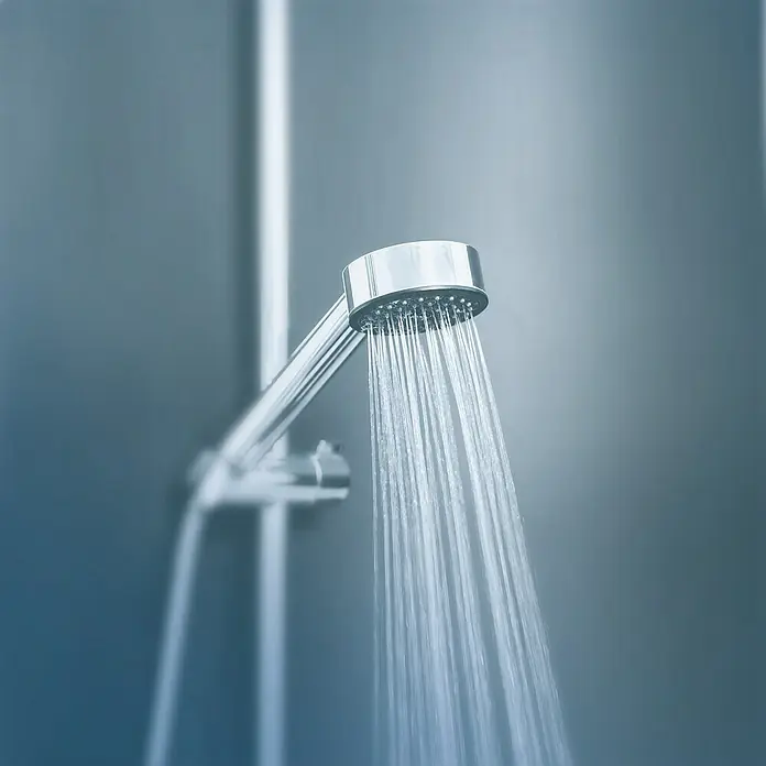 Puregreen Wassersparverschraubung - Geeignet für: Brausearmaturen, Chrom - Nahaufnahme eines modernen Duschkopfes mit fließendem Wasser, der das schlichte Design und die Funktionalität für Badezimmer hervorhebt.