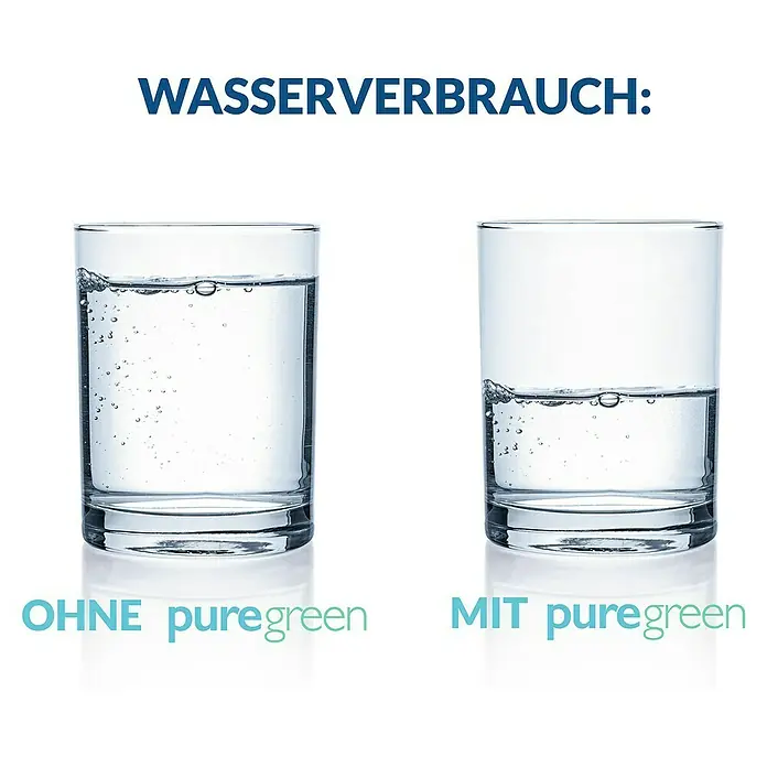 Puregreen Wassersparverschraubung - Geeignet für: Brausearmaturen, Chrom - Wasserkonsum Vergleich: Ein volles Glas Wasser ohne Puregreen, ein niedrigeres Glas mit Puregreen.