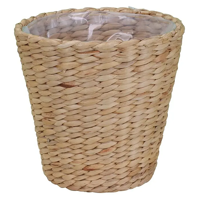 A.H.G. Pflanzkorb - Außenmaß (Ø x H): 25 x 23 cm, Naturmaterialien, Natur - Nahaufnahme eines runden, hellbraunen Pflanzgefäßes mit einer transparenten Kunststoffauskleidung. Das Gefäß ist aus geflochtenem Material gefertigt.