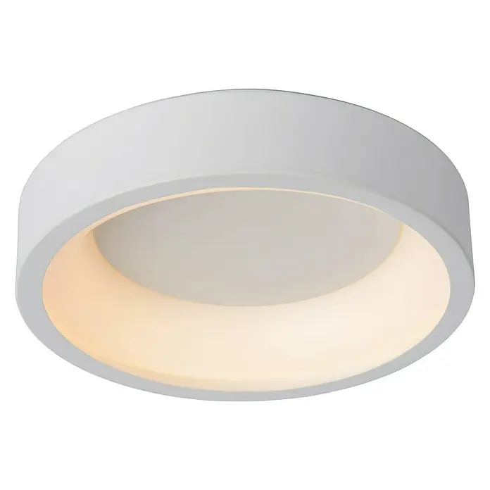 Lucide Deckenleuchte rund Talowe Led20 W, Ø x H: 30 x 13 cm, Weiß - Naheaufnahme einer modernen, runden LED-Deckenleuchte mit sanftem, warmem Licht und einem schlichten, weißen Design, perfekt für moderne Innenräume.