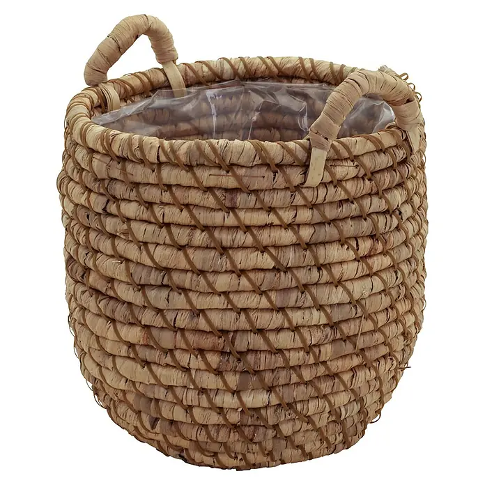A.H.G. Pflanzkorb - Außenmaß (Ø x H): 36 x 35 cm, Naturmaterialien, Natur - Korbgeflecht mit zwei Griffen und durchsichtiger Innenauskleidung, ideal für Pflanzen oder als dekoratives Aufbewahrungselement.