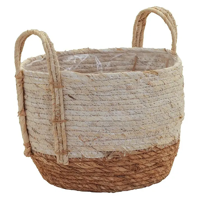 A.H.G. Pflanzkorb - Außenmaß (Ø x H): 28 x 24 cm, Grau/Braun - Ein runder Korb aus Stroh mit zwei Henkeln, ideal als Übertopf für Pflanzen oder zur Aufbewahrung. Handgefertigt und natürlich schön.