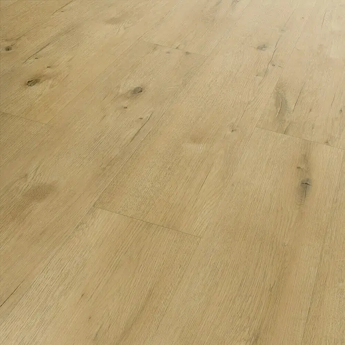 Fixed Vinylbodenmuster - Eiche Hell, 280 x 160 x 2,5 mm, Landhausdiele - Nahaufnahme eines hellen Laminatbodens mit einer authentischen Holzstruktur, ideal für moderne Innenräume. Die Paneele zeigen natürliche Maserungen und Astlöcher.