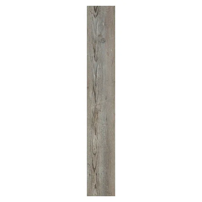 Fixed Vinylboden - Graukiefer, Landhausdiele, 1.219 x 184 x 2,5 mm - Nahaufnahme einer einzelnen, länglichen Holzfliese in Grautönen mit markanter Maserung und Astlöchern.