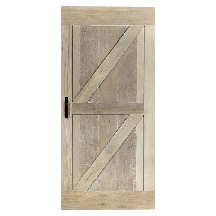 Indo Holzschiebetür Barn Door Multilayer - 100 x 215 cm, Shorea, Bristol - Hellbraune Holztür mit diagonalem Z-förmigem Design und schwarzem Griff.