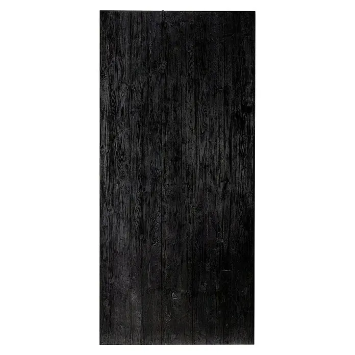 Indo Holzschiebetür Barn Door Colored - 100 x 215 cm, Teak, Charred - Dunkle Holzvertäfelung mit sichtbarer Maserung, ideal für rustikale Innenräume oder als strukturierter Hintergrund.