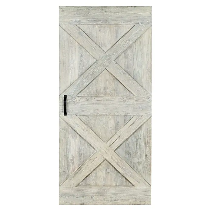 Indo Holzschiebetür Barn Door Colored - 100 x 215 cm, Teak, White washed - Elegante, graue Holztür im Scheunenstil mit X-förmigen Verstrebungen und schwarzem Griff. Perfekt für einen rustikalen Akzent in Ihrem Zuhause.