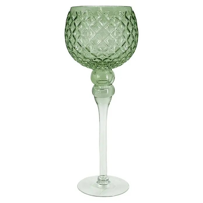 KerzenhalterGrün, Glas, Ø x H: 13 x 35 cm - Elegantes Deko-Objekt: Ein grüner Glaspokal mit einer geriffelten Kugelform oben und einem schlanken, klaren Stiel, ideal für stilvolle Akzente im Raum.