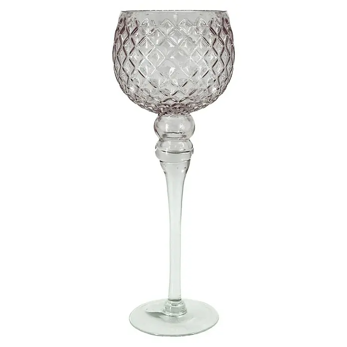 KerzenhalterRosa, Glas, Ø x H: 13 x 35 cm - Ein elegantes Glasgefäß mit einem verzierten, kugelförmigen Oberteil, einem schlanken Stiel und einem stabilen runden Fuß.