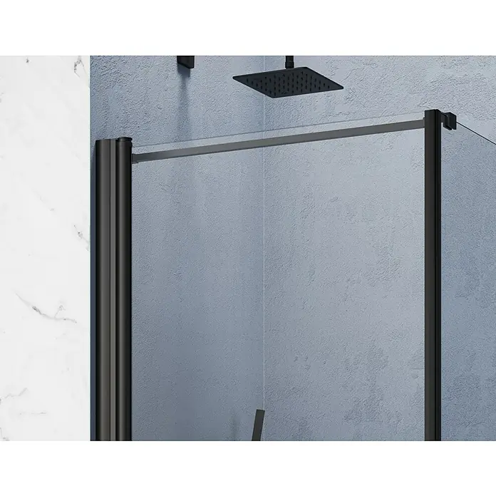 GEO Hit Pro Eckdusche B-PF100L x B x H: 80 x 100 x 202,2 cm, Beschichtet, DIN Anschlag: Rechts, Stärke: 6 mm, Schwarz - Nahaufnahme einer modernen Duschkabine mit schwarzem Rahmen und einem quadratischen Duschkopf, die ein elegantes Badezimmerdesign präsentiert.