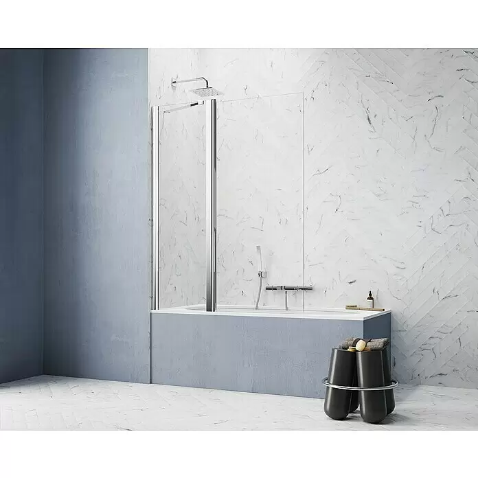 GEO Hit Pro Badewannenaufsatz B-PB200 - B x H: 120 x 150 cm, 2 Stk., Chrom - Moderner Glas-Badewannenaufsatz mit Chromrahmen über einer blauen Badewanne im Badezimmer.