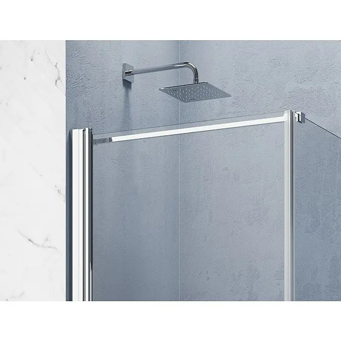 GEO Hit Pro Eckdusche B-PF200 - L x B x H: 90 x 100 x 202,2 cm, Beschichtet, Chrom, Glasstärke: 6 mm, DIN Anschlag: Rechts - Detailaufnahme einer Duschkabine mit quadratischem Duschkopf und Chromdetails, die modernes Baddesign hervorheben.