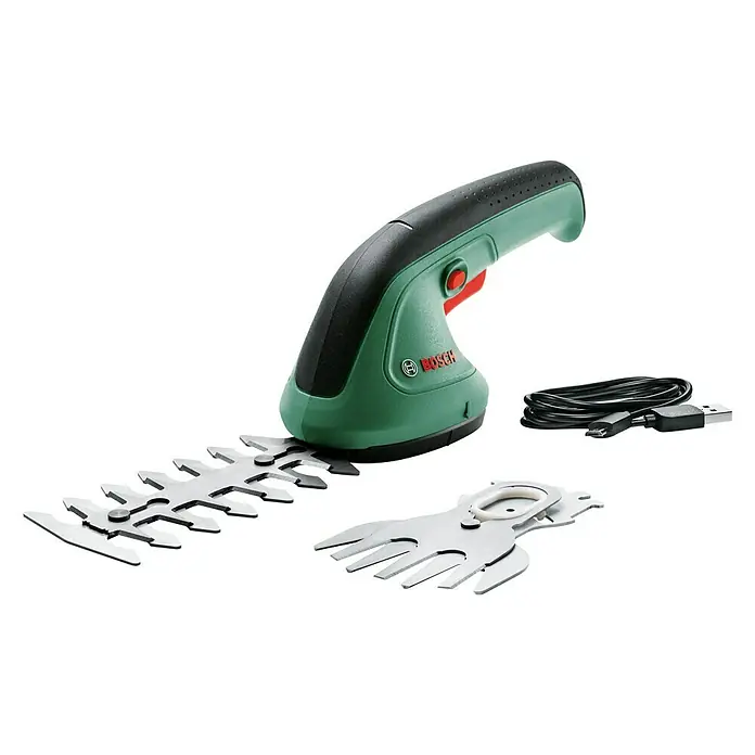 Bosch Akku-Gras- & Strauchschere EasyShear Akku-Gras- & Strauchschere - 3,6 V, Li-Ionen, 1 Akku, Schwertbreite: 8 cm - Akkubetriebene Grasschere von Bosch mit verschiedenen Aufsätzen und Ladekabel. Präzise und komfortabel für den perfekten Rasenkantenschnitt.