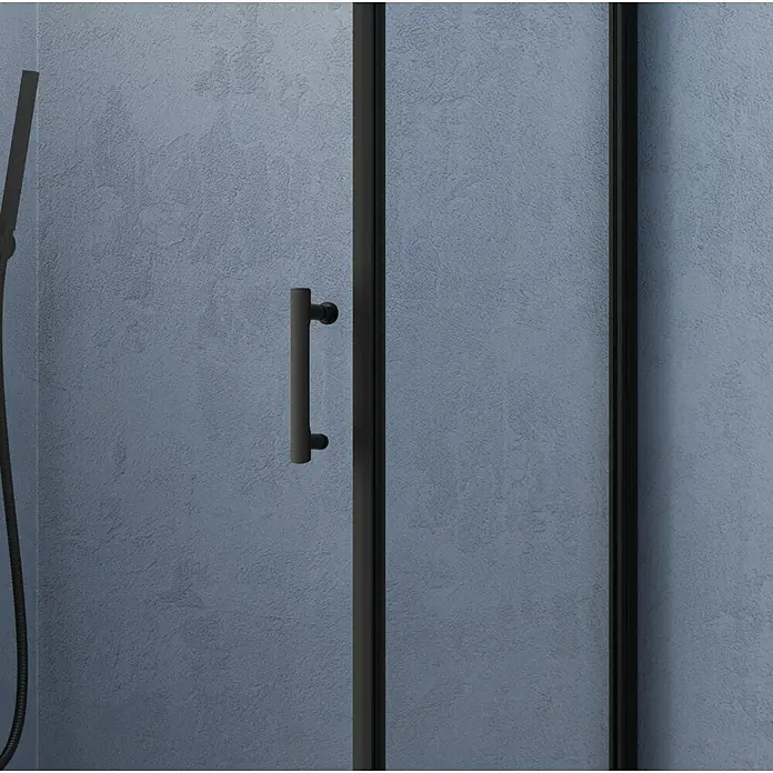GEO Hit Pro Eckdusche B-PE300 - 80 x 90 x 200 cm, Beschichtet, Schwarz, Glasstärke: 6 mm - Nahaufnahme einer Duschkabine mit schwarzem Rahmen und Griff, die ein modernes Badezimmerdesign zeigt.
