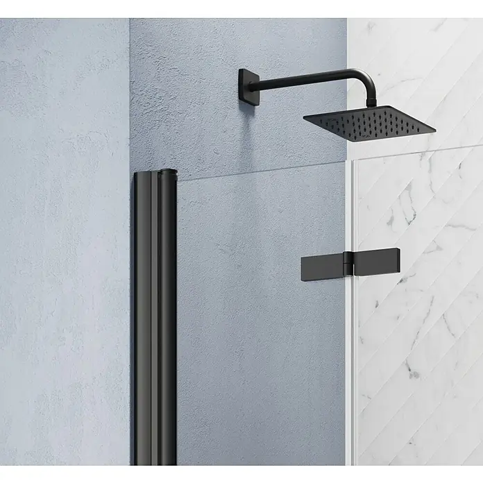 GEO Hit Pro Eckdusche B-PE300 - 80 x 90 x 200 cm, Beschichtet, Schwarz, Glasstärke: 6 mm - Nahaufnahme einer modernen, schwarzen Duschkabine mit quadratischem Duschkopf und minimalistischen Beschlägen.