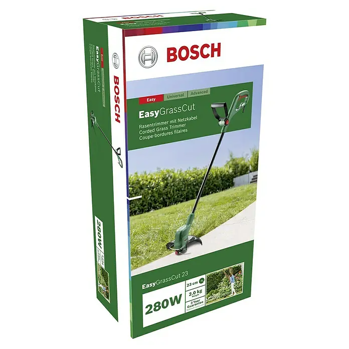 Bosch Elektro-Rasentrimmer EasyGrassCut 23 new - 280 W, Schnittbreite Faden: 23 cm - Kartonverpackung des Bosch EasyGrassCut 23 Rasentrimmers, mit Produktbild und technischen Daten.