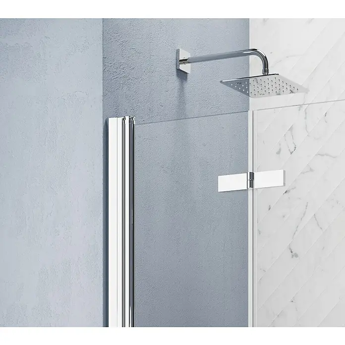 GEO Hit Pro Eckdusche B-PF200 - L x B x H: 90 x 100 x 202,2 cm, Beschichtet, Chrom, Glasstärke: 6 mm, DIN Anschlag: Rechts - Nahaufnahme einer modernen Duschkabine mit klaren Linien und Chromdetails, die ein minimalistisches Design für ein stilvolles Badezimmer zeigt.
