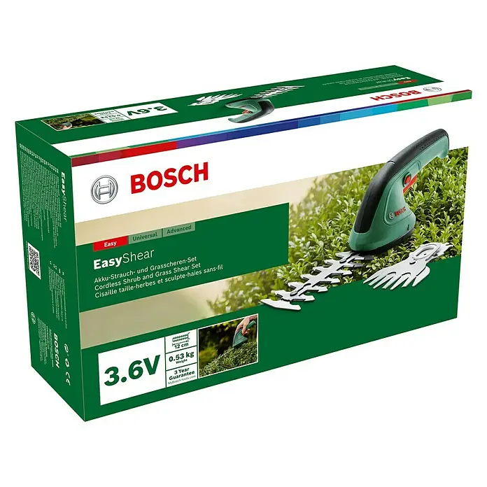 Bosch Podadora de batería EasyShear - 3,6 V, Iones de litio, 1 batería, Anchura de la hoja: 8 cm - Embalaje del juego de tijeras inalámbricas para arbustos y césped Bosch EasyShear, con detalles e imágenes del producto.