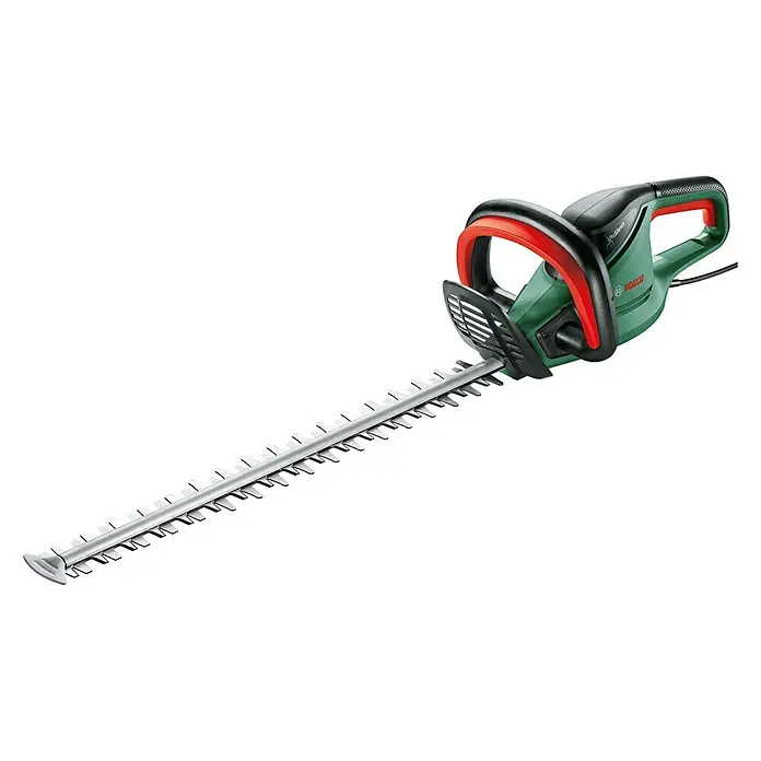 Bosch Elektro-Heckenschere UniversalHedgeCut 60 - 480 W, Schnittlänge: 60 cm - Das Bild zeigt eine grüne Bosch Heckenschere mit rotem Griff und langem, silbernem Schneideblatt vor schwarzem Hintergrund.