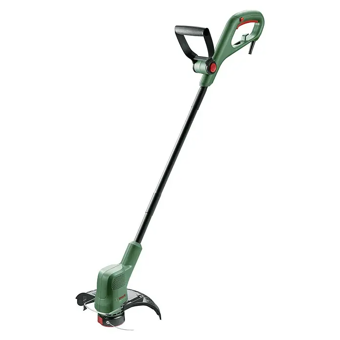 Bosch Elektro-Rasentrimmer EasyGrassCut 26 new - 280 W, Schnittbreite Faden: 26 cm - Ein grüner Bosch Rasentrimmer mit schwarzem Griff und Stiel, ideal für präzise Gartenarbeit.