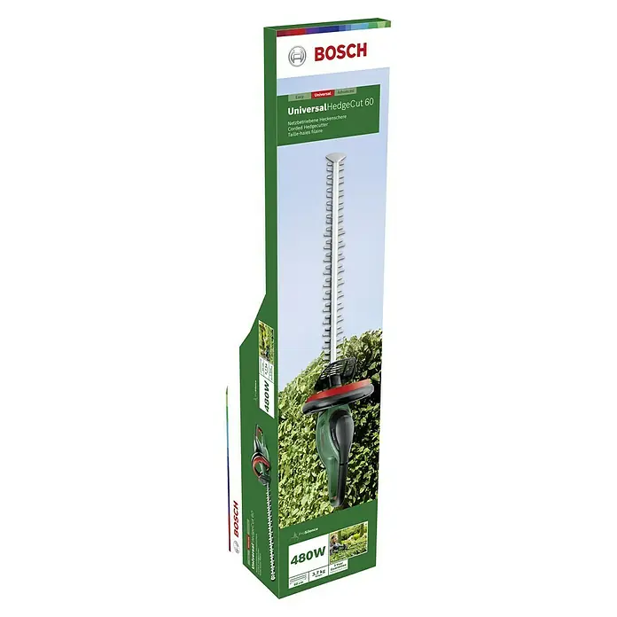 Bosch Elektro-Heckenschere UniversalHedgeCut 60 - 480 W, Schnittlänge: 60 cm - Abbildung einer Verpackung der Universal HedgeCut 60 von Bosch, einer kabelgebundenen Heckenschere mit 480 W Leistung.