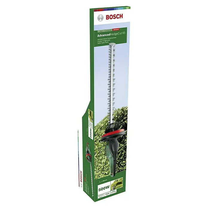 Bosch Elektro-Heckenschere AdvancedHedgeCut 65 - 500 W, Schnittlänge: 65 cm - Die Verpackung der Bosch AdvancedHedgeCut 65 Heckenschere zeigt das Produkt im Einsatz mit technischen Daten.