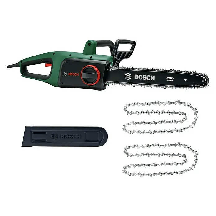 Bosch Motosierra eléctrica UniversalChain 40 - 1.800 W, Longitud de la cuchilla: 40 cm - Motosierra eléctrica Bosch con cadenas de repuesto y protector de cadena para operación segura y cortes precisos.