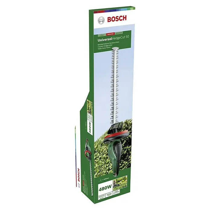 Bosch Elektro-Heckenschere UniversalHedgeCut 50 - 480 W, Schnittlänge: 50 cm - Abbildung der Verpackung einer Bosch UniversalHedgeCut 50 Heckenschere, die Details zu Leistung und Schnittlänge hervorhebt.