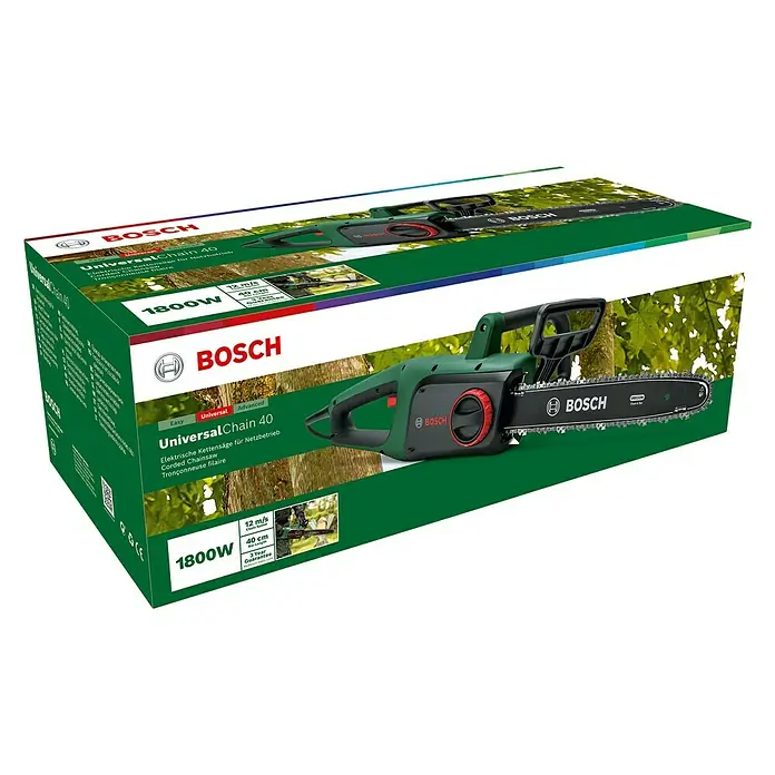 Bosch Motosierra eléctrica UniversalChain 40 - 1.800 W, Longitud de la cuchilla: 40 cm - Embalaje del producto de la motosierra Bosch UniversalChain 40 con 1800W de potencia. La motosierra verde se muestra en el embalaje.