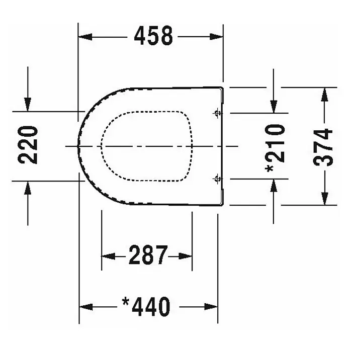 Duravit ME by Starck WC-Sitz - Duroplast, Weiß, Ohne Absenkautomatik - Draufsicht einer Toilettenbrille mit den Maßen 458 mm Länge und 220 mm Breite, technische Zeichnung für Installation und Design.