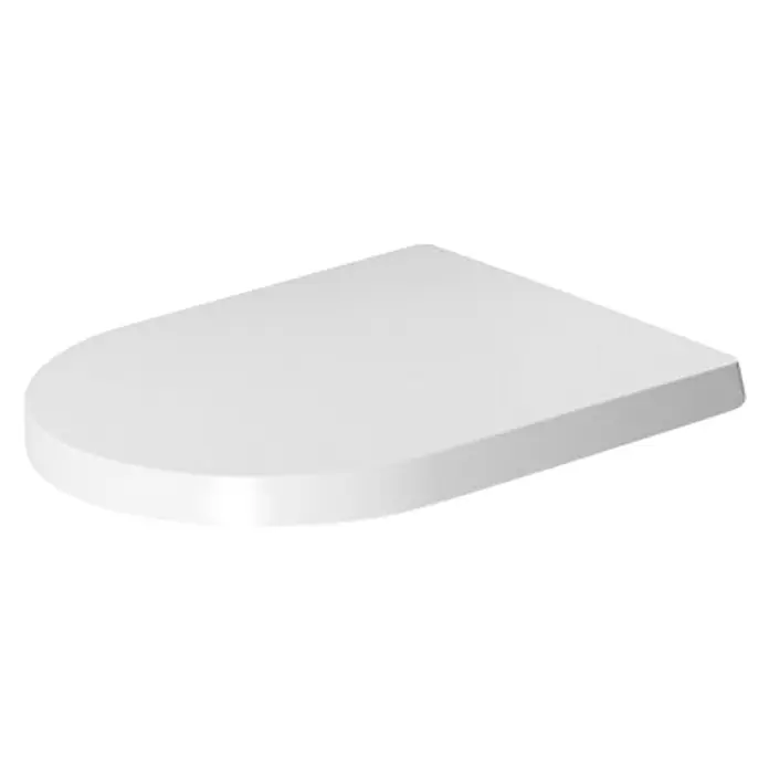 Duravit ME by Starck WC-Sitz Compact - Duroplast, Weiß, Ohne Absenkautomatik - Nahaufnahme eines weißen WC-Sitzes mit abgerundeter Vorderseite und geraden Kanten, isoliert auf schwarzem Hintergrund.
