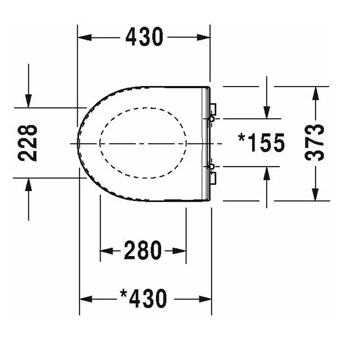 Duravit DuraStyle WC-Sitz - Duroplast, Weiß, Ohne Absenkautomatik, Form WC-Sitz: D-Form - Draufsicht einer Toilettensitzzeichnung mit Bemaßung zur detaillierten Produktansicht und Installationsplanung.