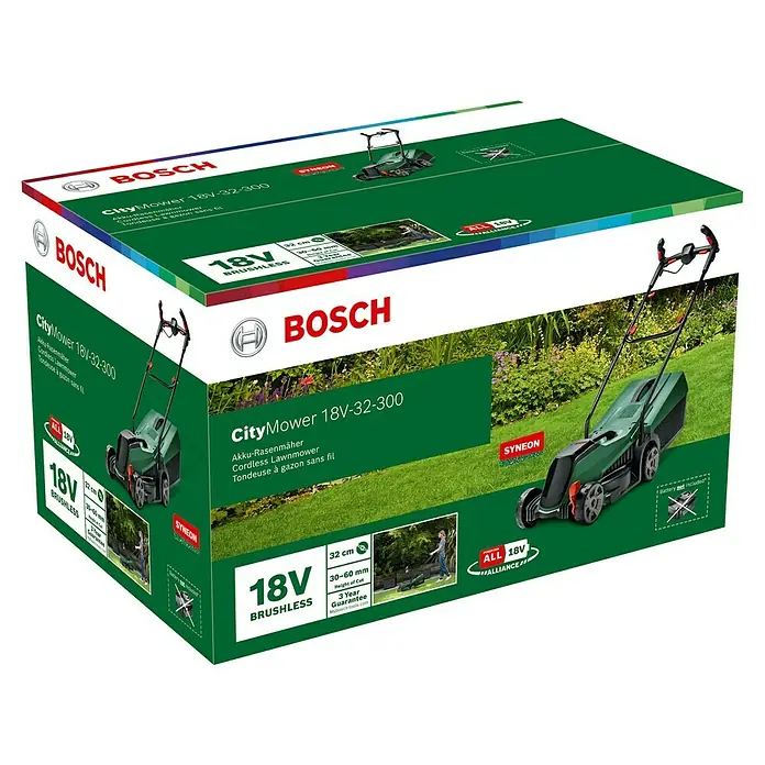 Bosch Power for All 18V Akku-Rasenmäher CityMower 18V-32-300 - 18 V, Ohne Akku, Schnittbreite: 32 cm - Produktverpackung des Bosch CityMower 18V-32-300 Akku-Rasenmähers, mit Fokus auf Leistung und kabellose Freiheit für den Garten.