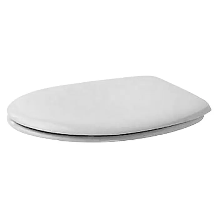 Duravit Duraplus WC-Sitz - Duroplast, Weiß, Mit Absenkautomatik - Nahaufnahme eines weißen Toilettensitzes mit einem schlichten Design und abgerundeten Kanten vor einem schwarzen Hintergrund.
